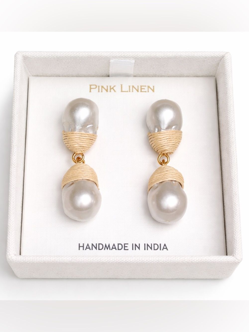 Pink Linen Nwt Baroque Pearl Raffia Drop Earring Handmade India Organic Chic Nib 6$